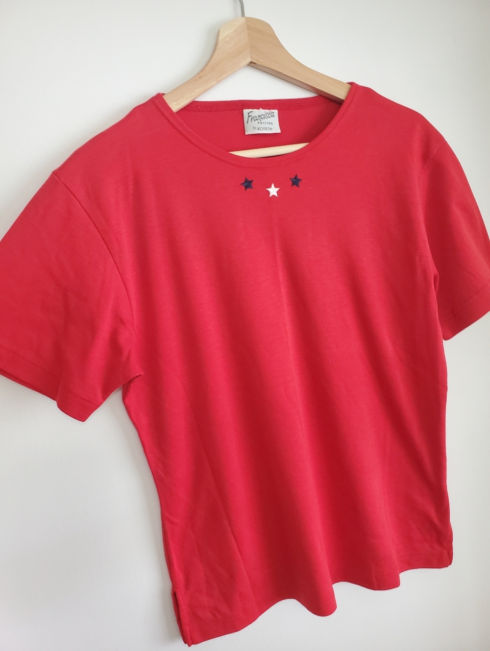 Vintage Francisca By Koret Oversized XS Red Basic Crew T-shirt Stars Embroidery